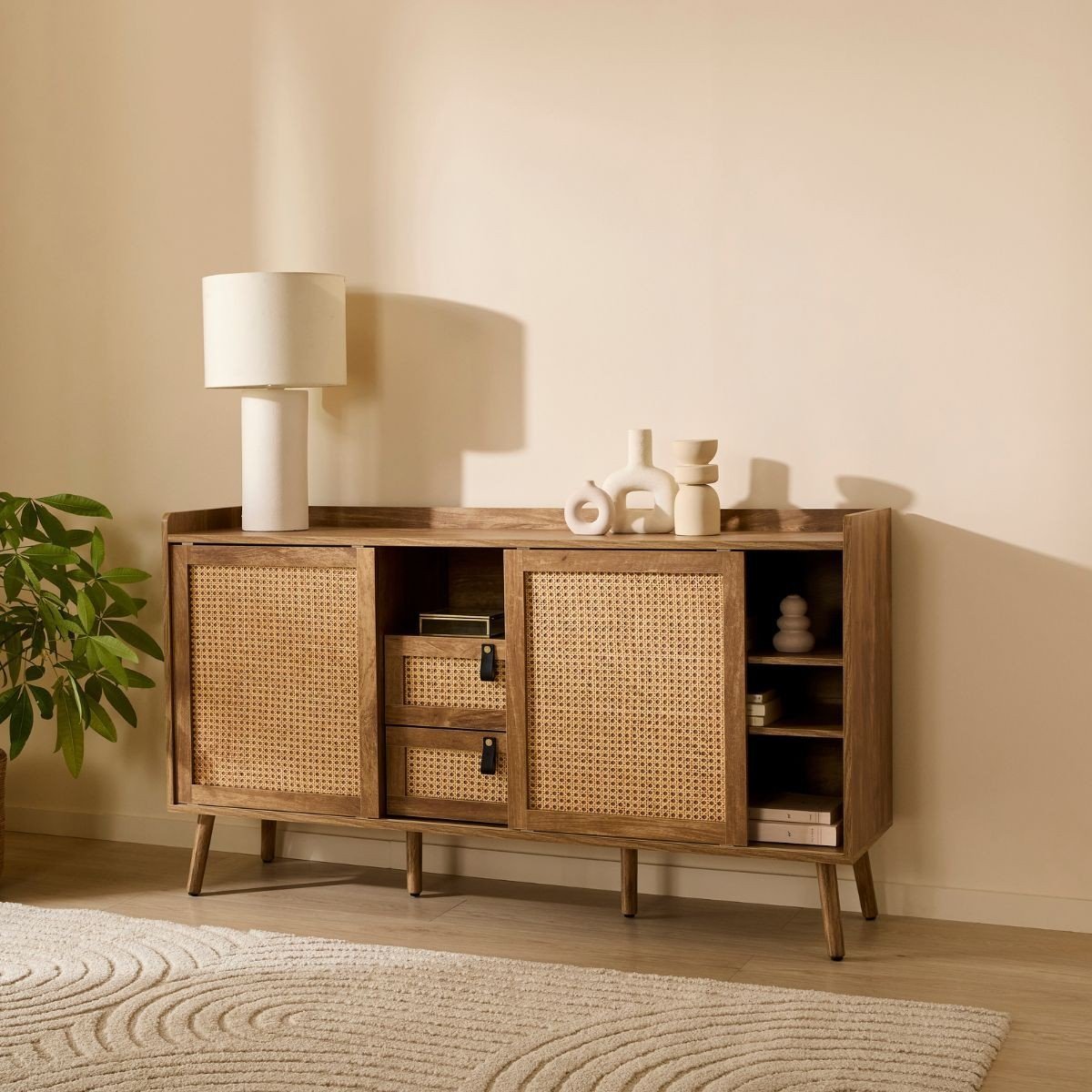 Buffet 2 tiroirs façades en rotin PALMO bois clair, CALICOSY