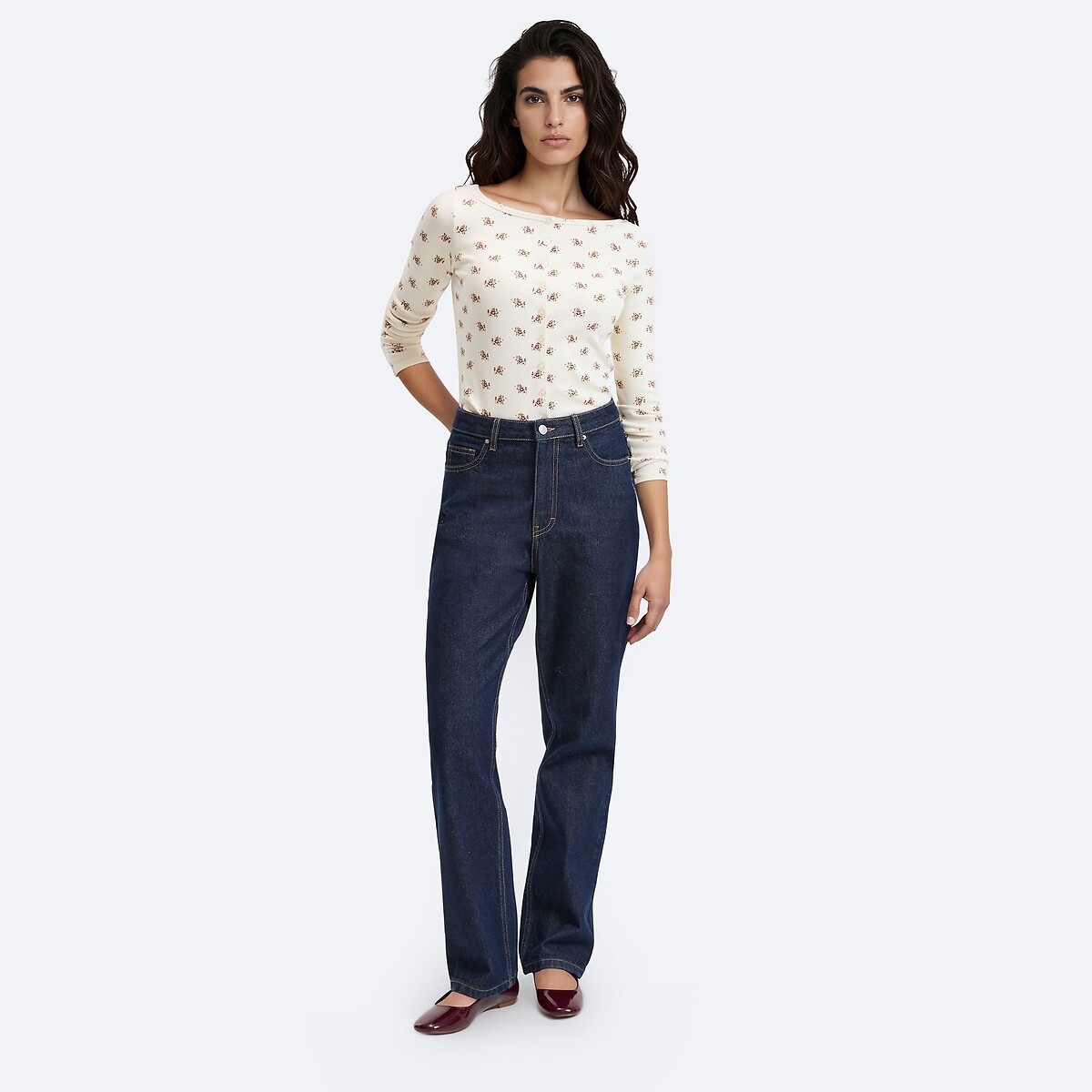 T-shirt col bateau manches longues imprimé floral ecru, LA REDOUTE COLLECTIONS