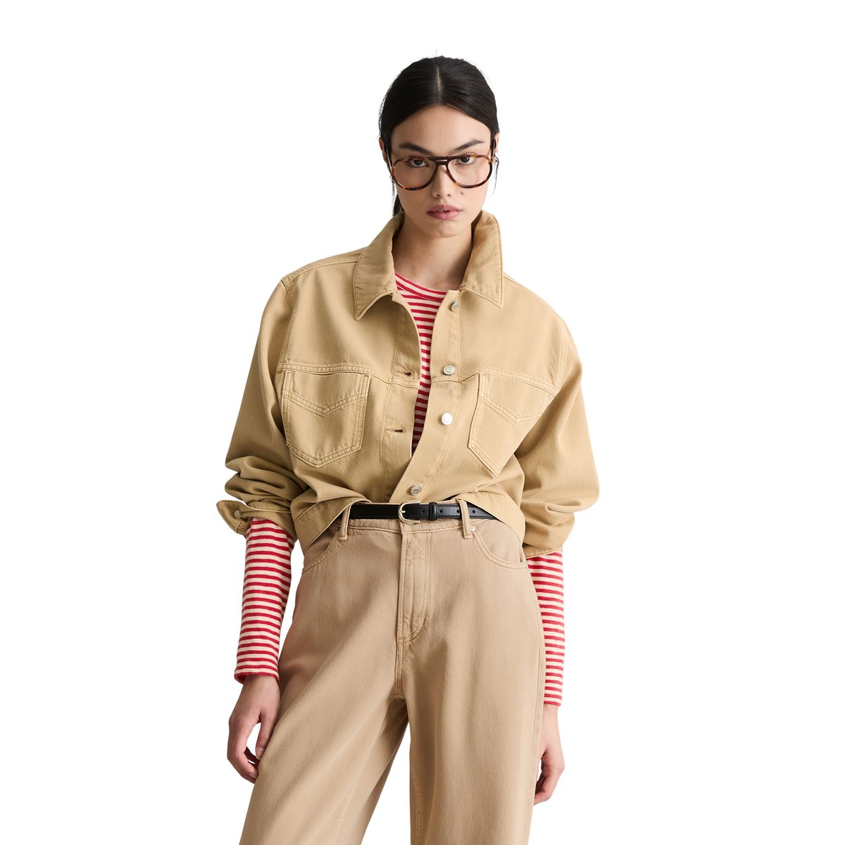 Veste en jean oversize cropped en mélange de coton organique et de lyocell beige, MARC O’POLO DENIM