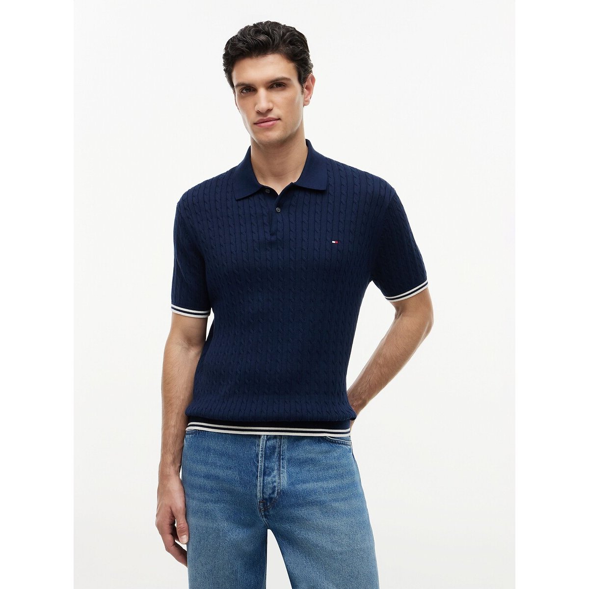 Polo manches courtes en maille bleu marine, TOMMY HILFIGER