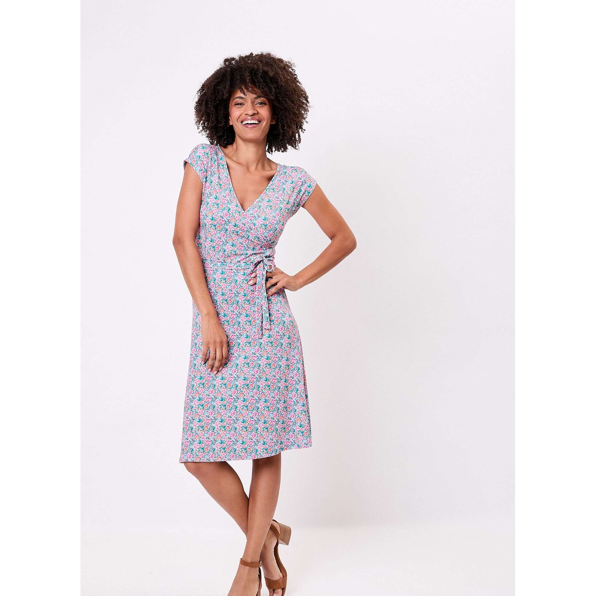 Robe imprimée maille fluide évasée ADELE bleu printania, PRINCESSE NOMADE