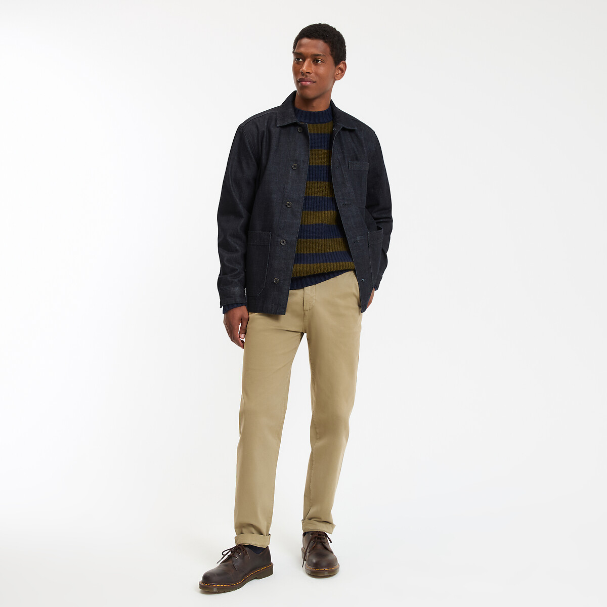 Striped Crew Neck Jumper in Fine Knit khaki green/navy, LA REDOUTE COLLECTIONS