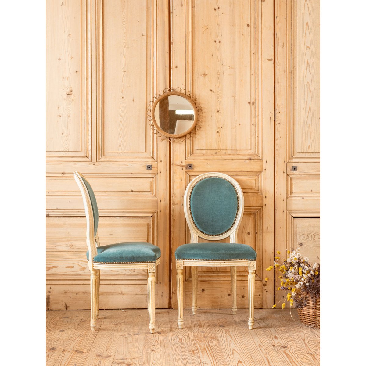 Lot de 6 chaises en bois et tissu bleu Claude N°1463 - Bon état bleu, DEBONGOUT
