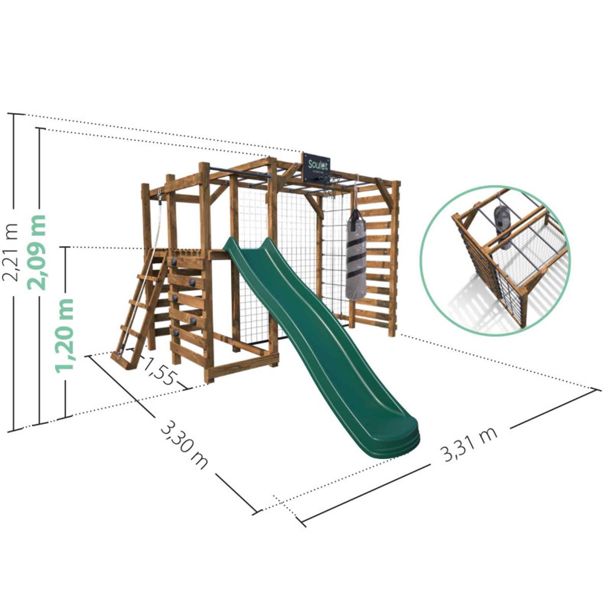Aire de jeux multisport en bois avec toboggan ACHILLE marron, SOULET