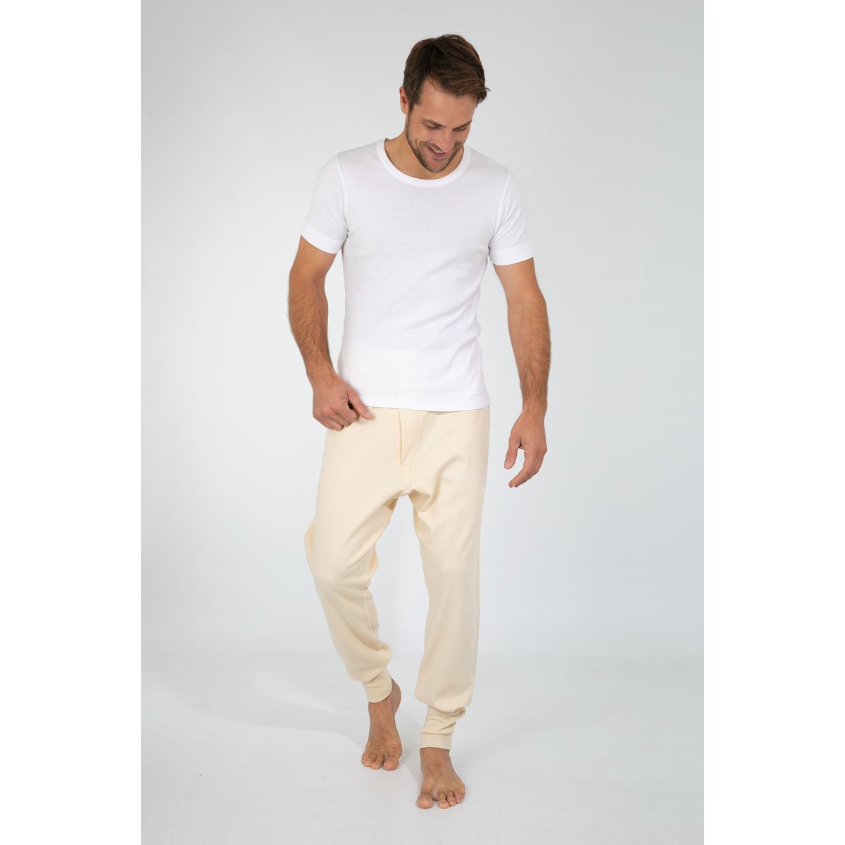 Caleçon long ceinture latex en coton ecru, ARMOR-LUX