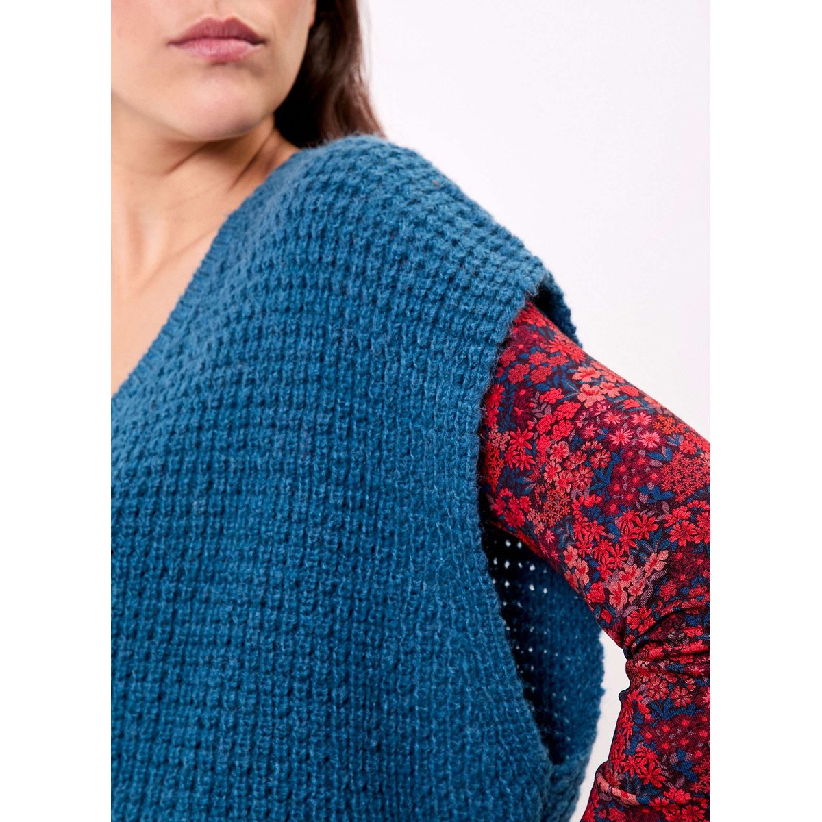 Pull sans manches maille fantaisie PASCALE bleu, PRINCESSE NOMADE