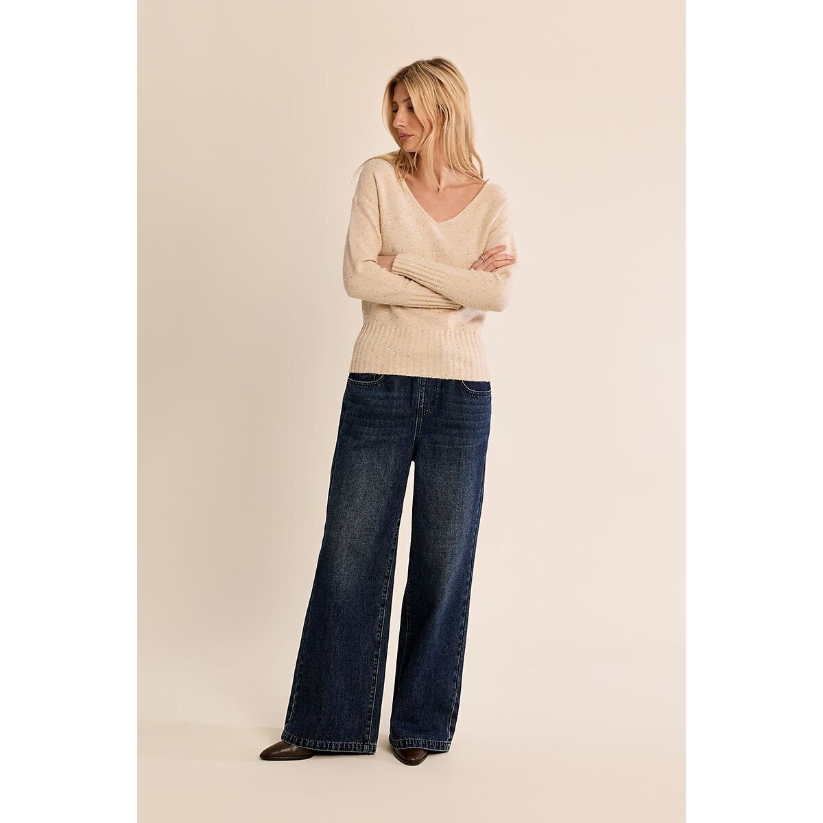 Pull con scollo a V e paillettes ecru , MOLLY BRACKEN