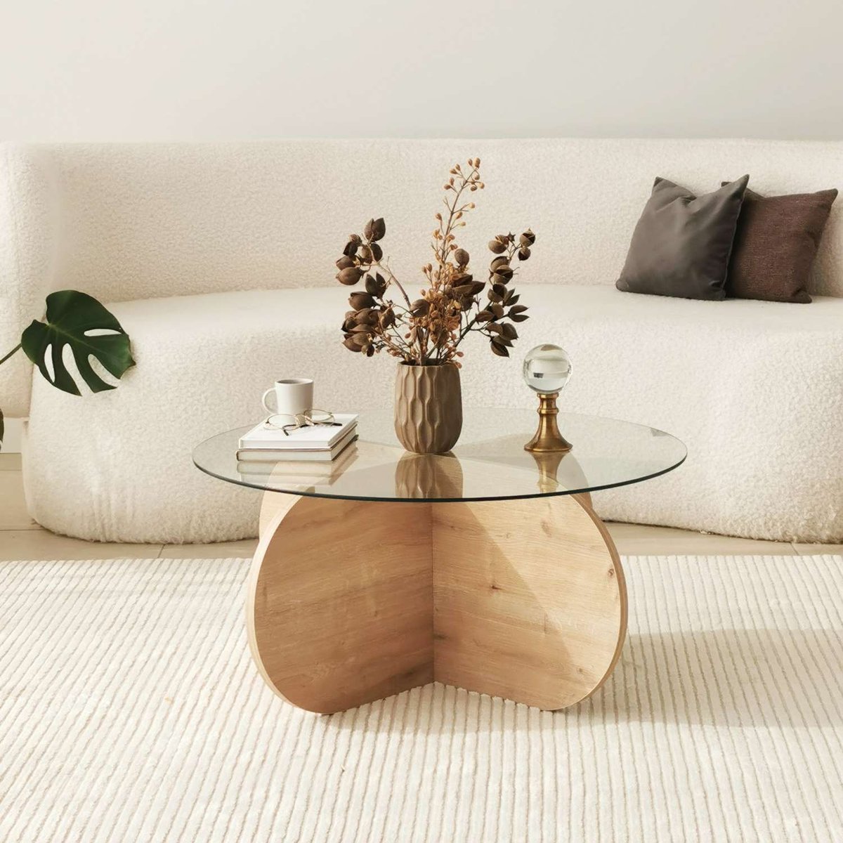 Table basse ronde avec plateau en verre LUMINIX beige, TOILINUX