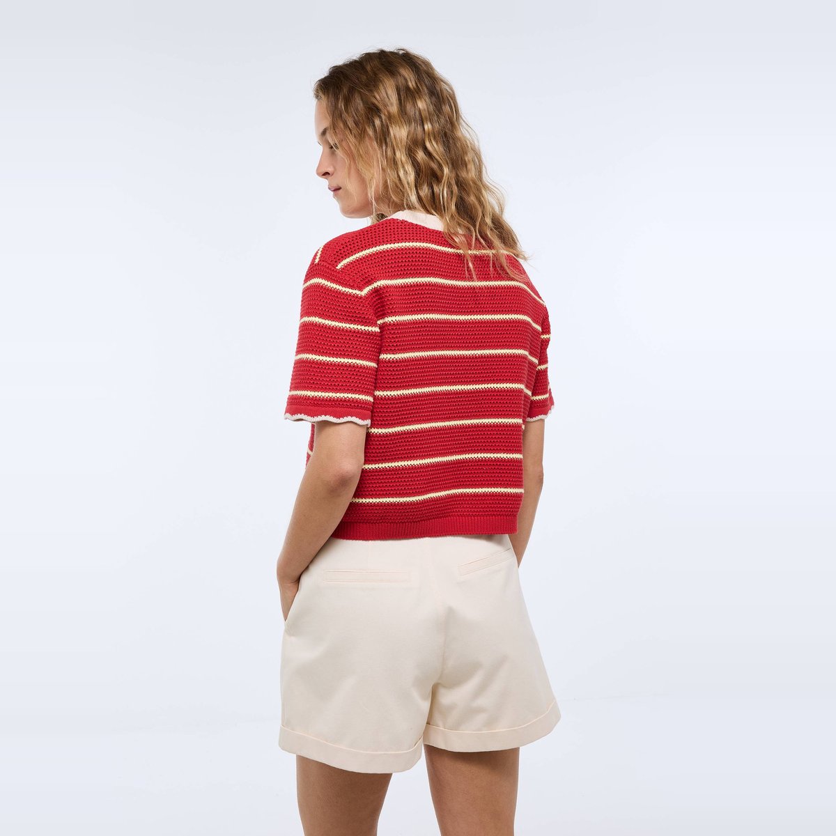 Pull manches courtes rayé en maille ajourée en coton rouge, MONOPRIX