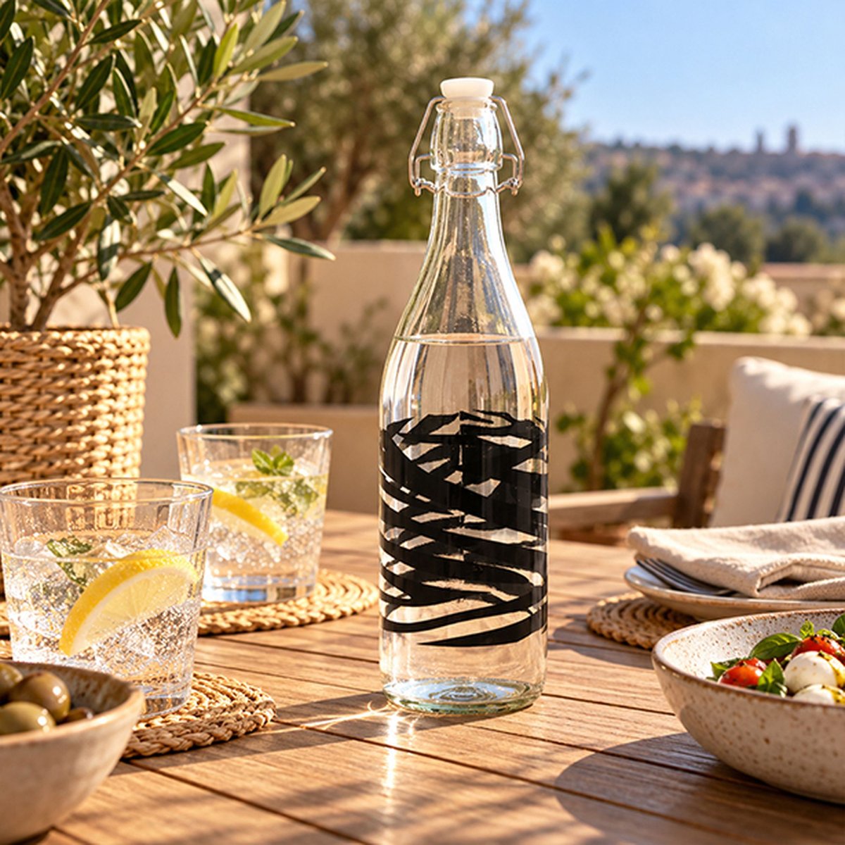 Bouteille 1 litre en verre, ZEBRE multicolore, NOVASTYL