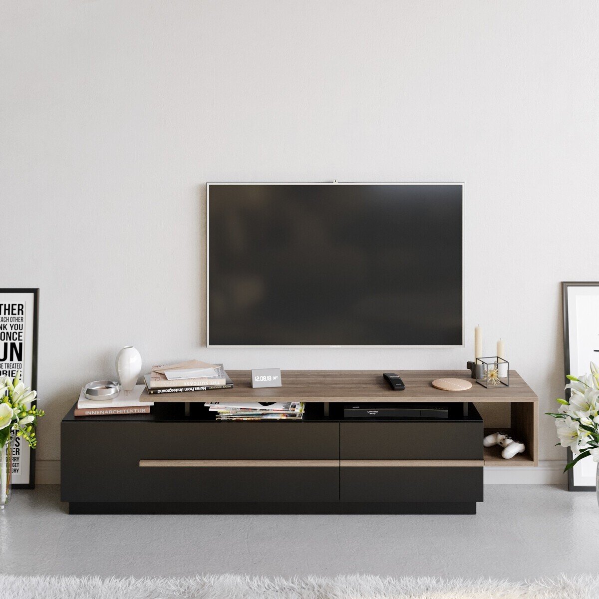 Meuble TV 2 portes abattantes STRATO noyer/ noir, CALICOSY