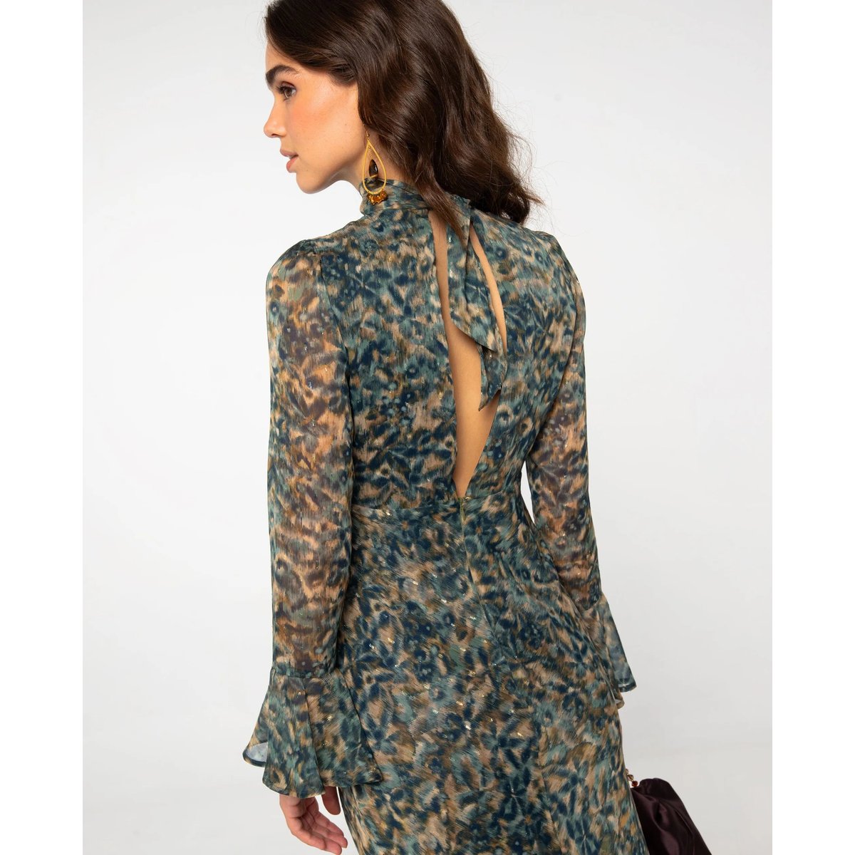 Robe midi imprimée à manches longues et encolure en V avec lacets autre, THE-ARE