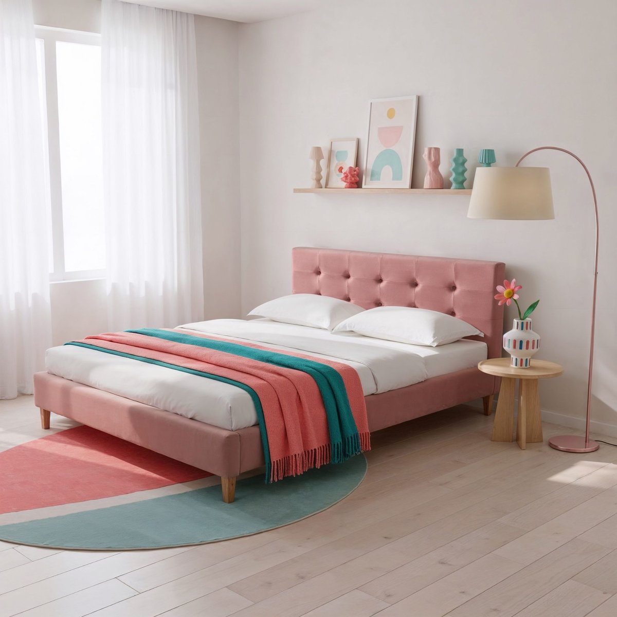 Lit en velours avec pieds en bois vieux rose, TERRE DE NUIT