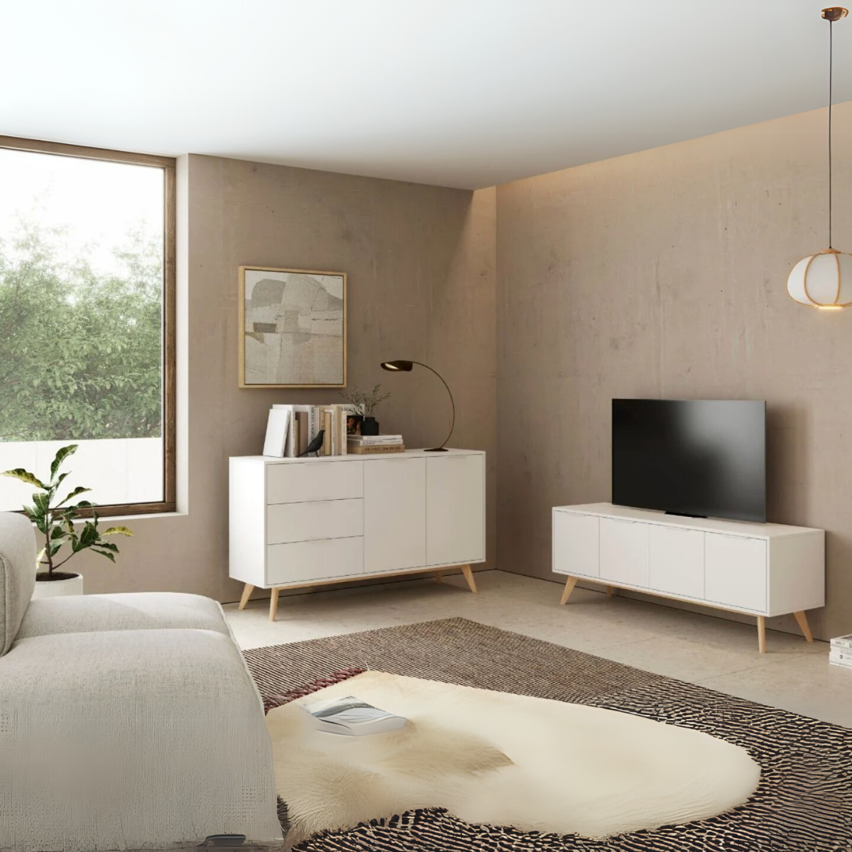 Buffet 2 portes, 3 tiroirs Campus - L140 cm blanc, CALICOSY