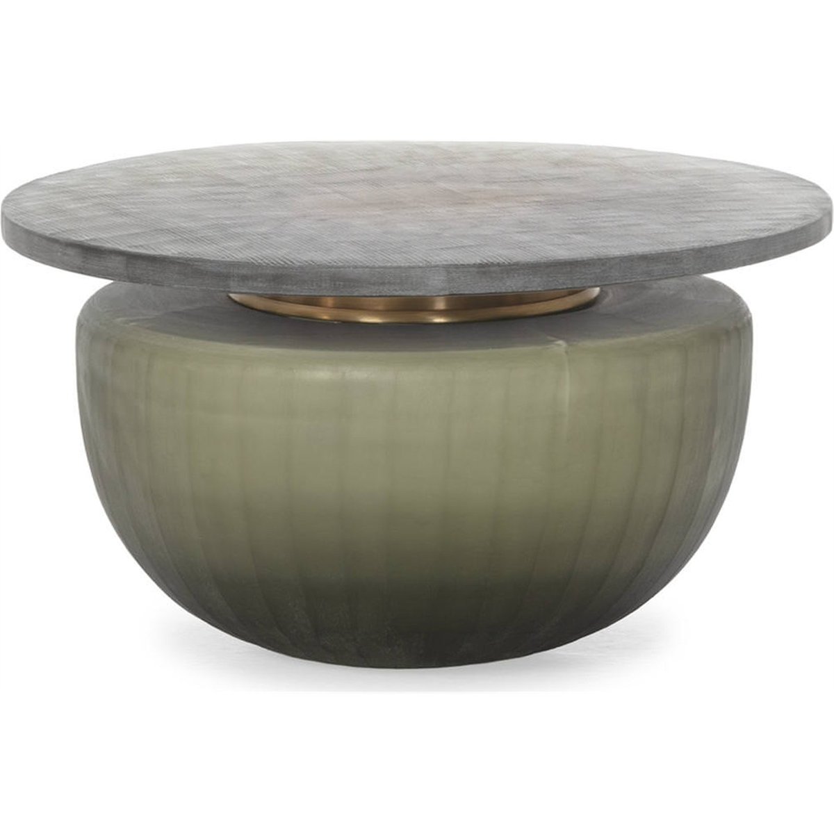 Table basse ronde en verre sculpté fumé transparent finition pierre, RECOLLECTION