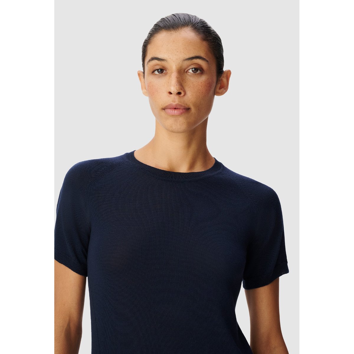 Pull manches courtes tricot en laine bleu marine, IKKS