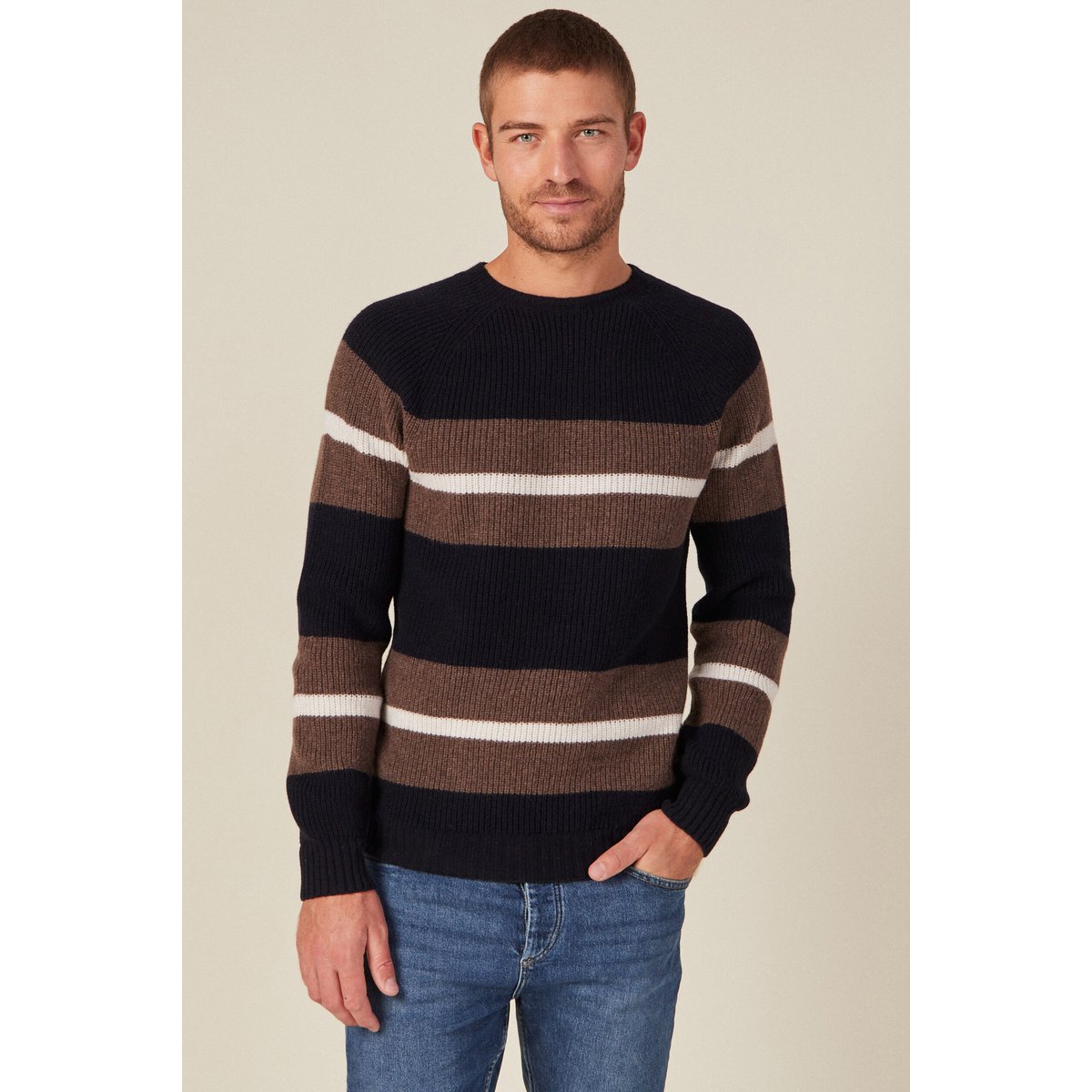 Pull manches longues fabriqué en France bleu marine, BONOBO