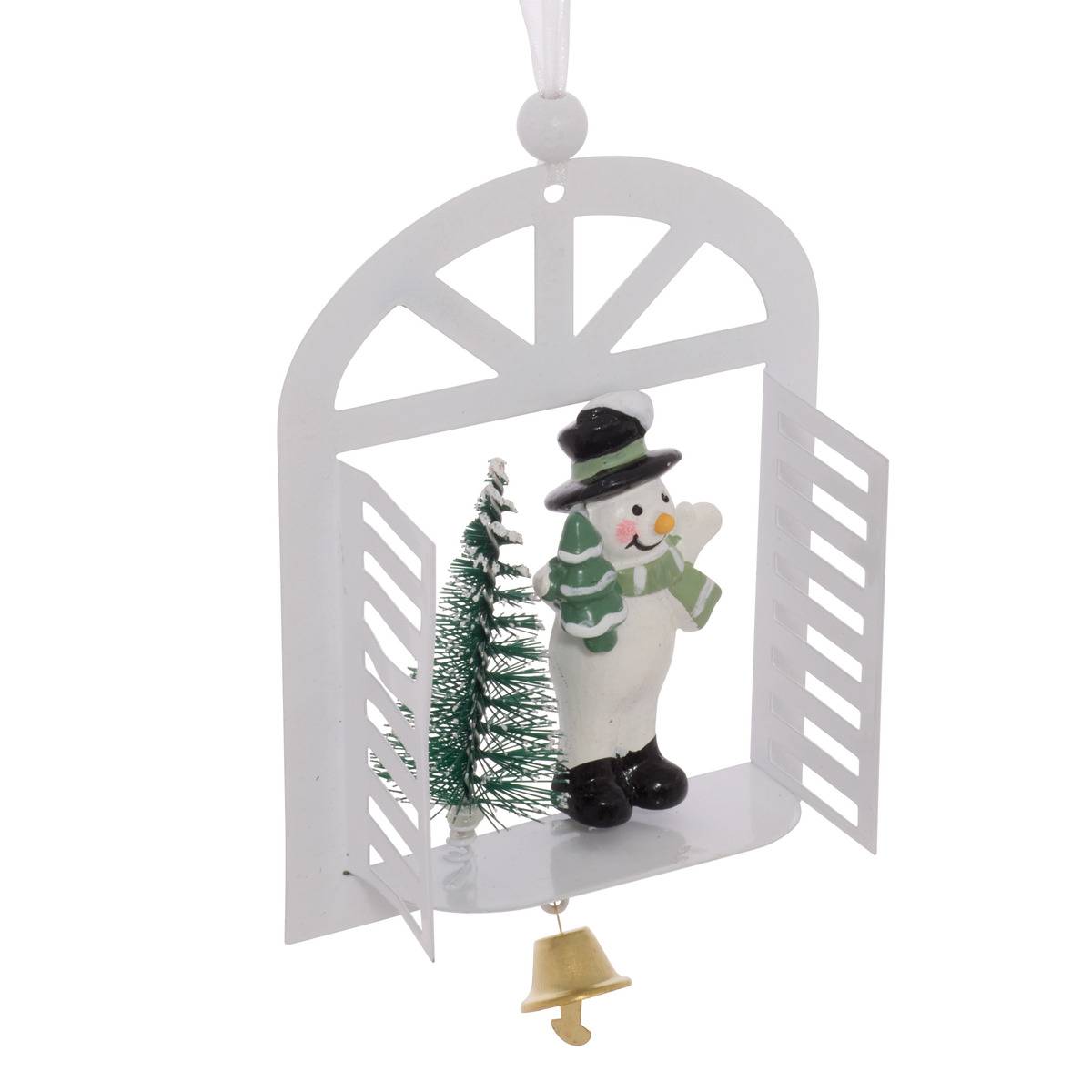 Suspension de sapin fenêtre avec Père Noël, bonhomme de neige et sapin en métal 14 cm blanc, ATMOSPHERA
