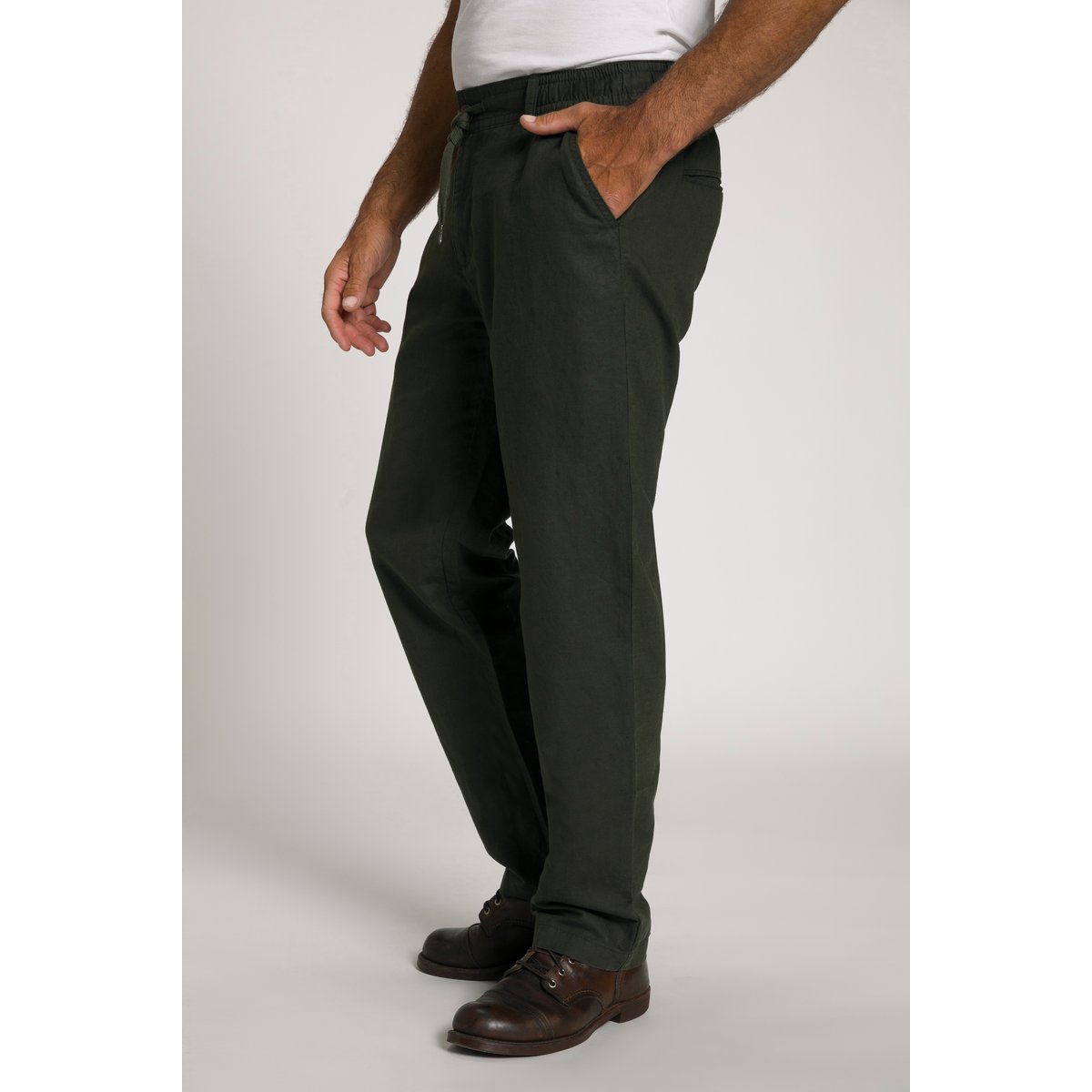 Pantalon en lin mélangé. Taille élastique. olive foncé, JP1880
