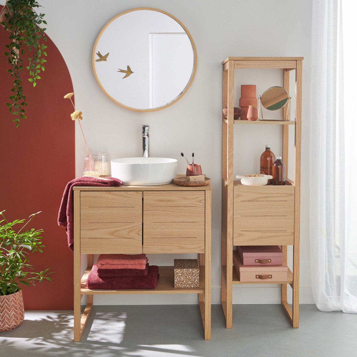 Meuble simple +vasque +miroir +colonne ATOLL bois clair, MOB IN
