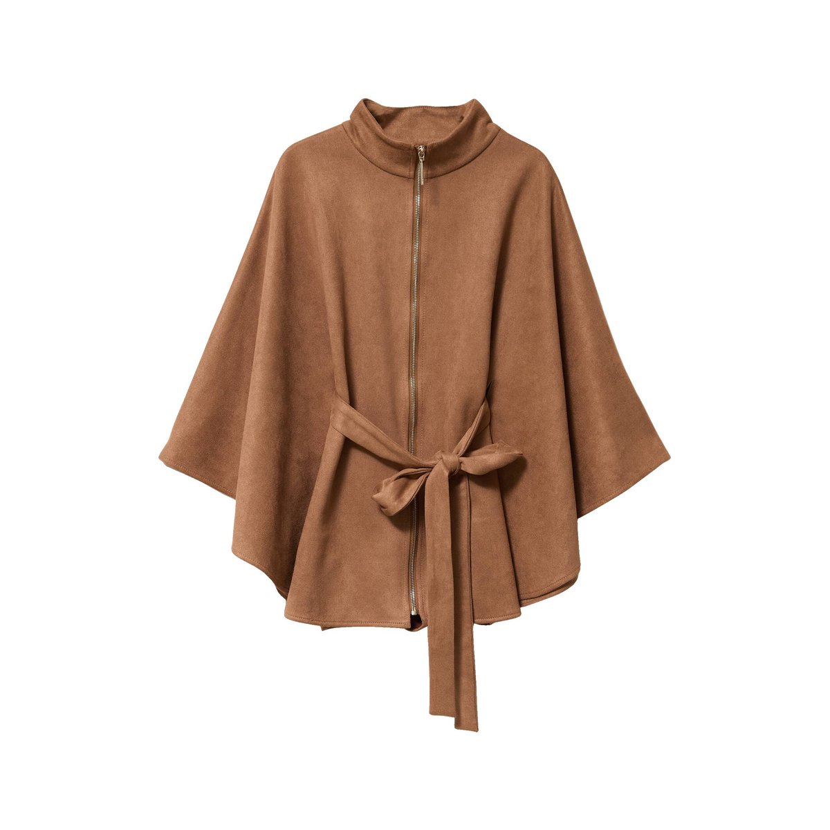 Poncho ceinturé fermeture zippée marron clair, BREAL