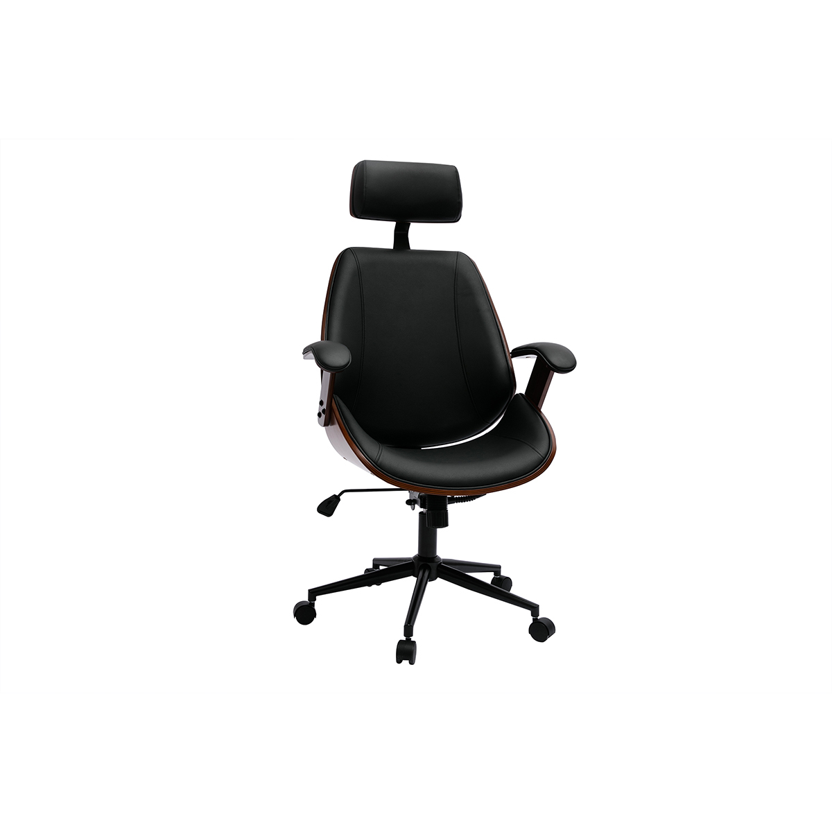 Fauteuil de bureau de direction design en tissu gris, bois clair et acier chromé MUSK noir, MILIBOO