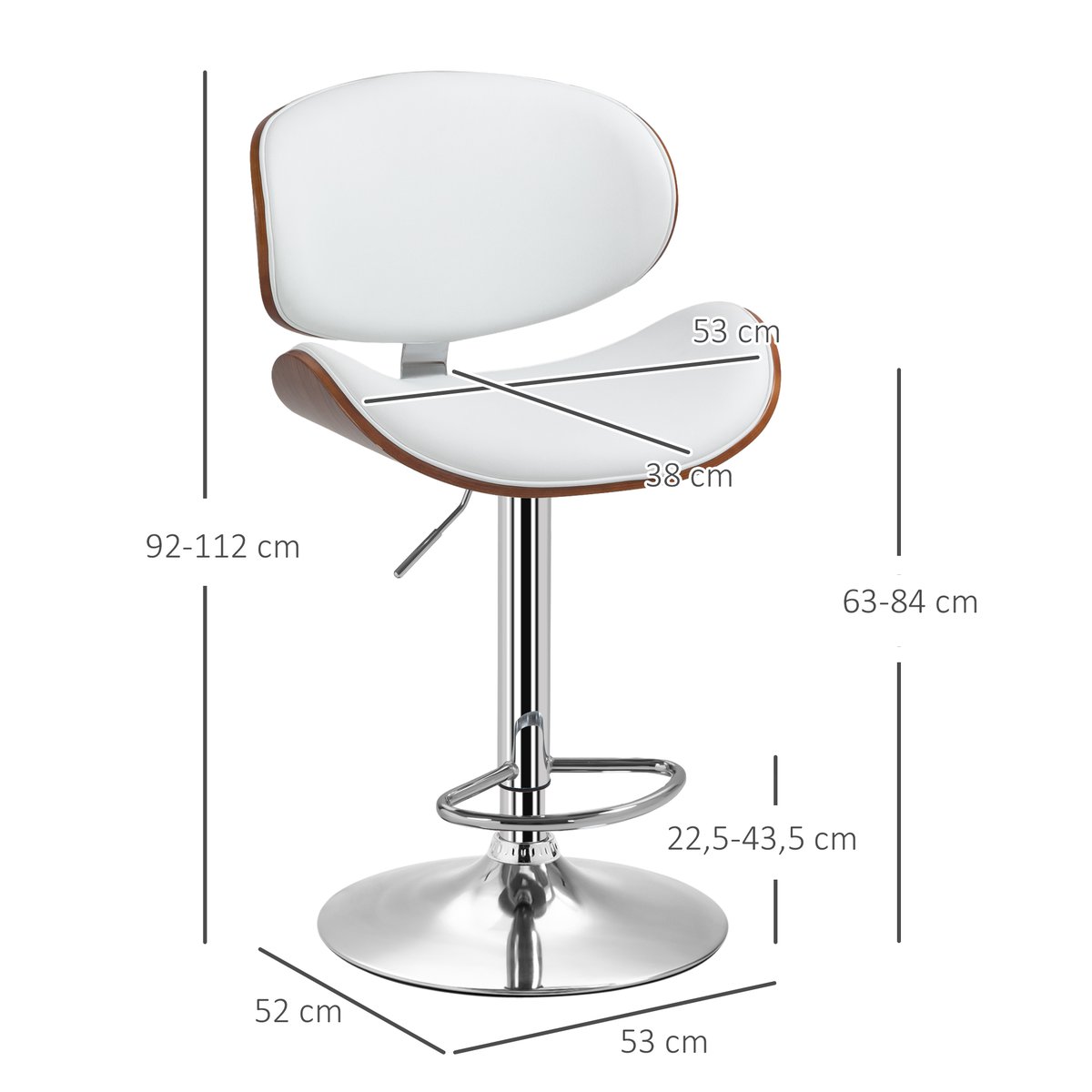 Tabouret de bar Revêtement synthétique Blanc blanc, noyer, argent, HOMCOM