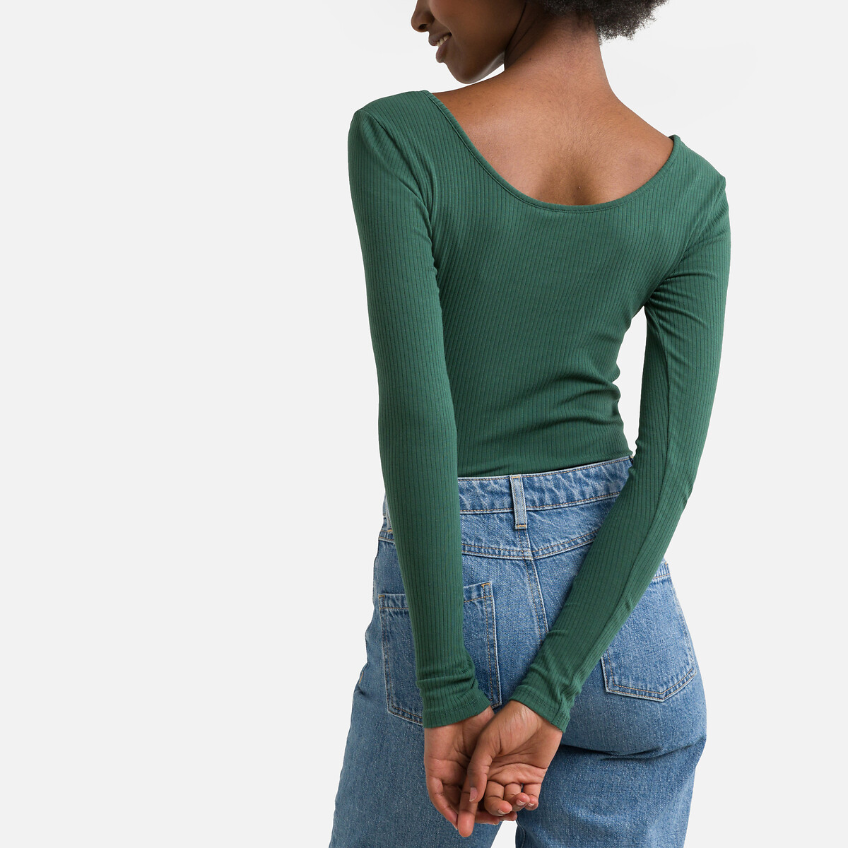 T-shirt met lange mouwen, geribbeld effect donkergroen, PIECES
