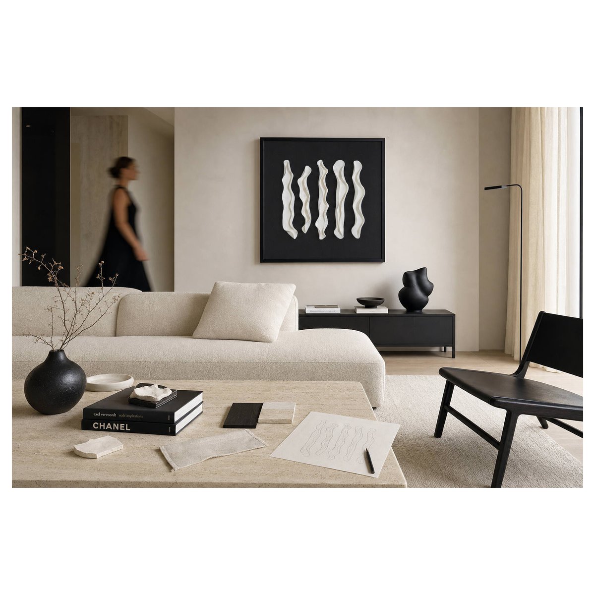 Tableau mural en relief, Bois et argile noir et blanc, RECOLLECTION