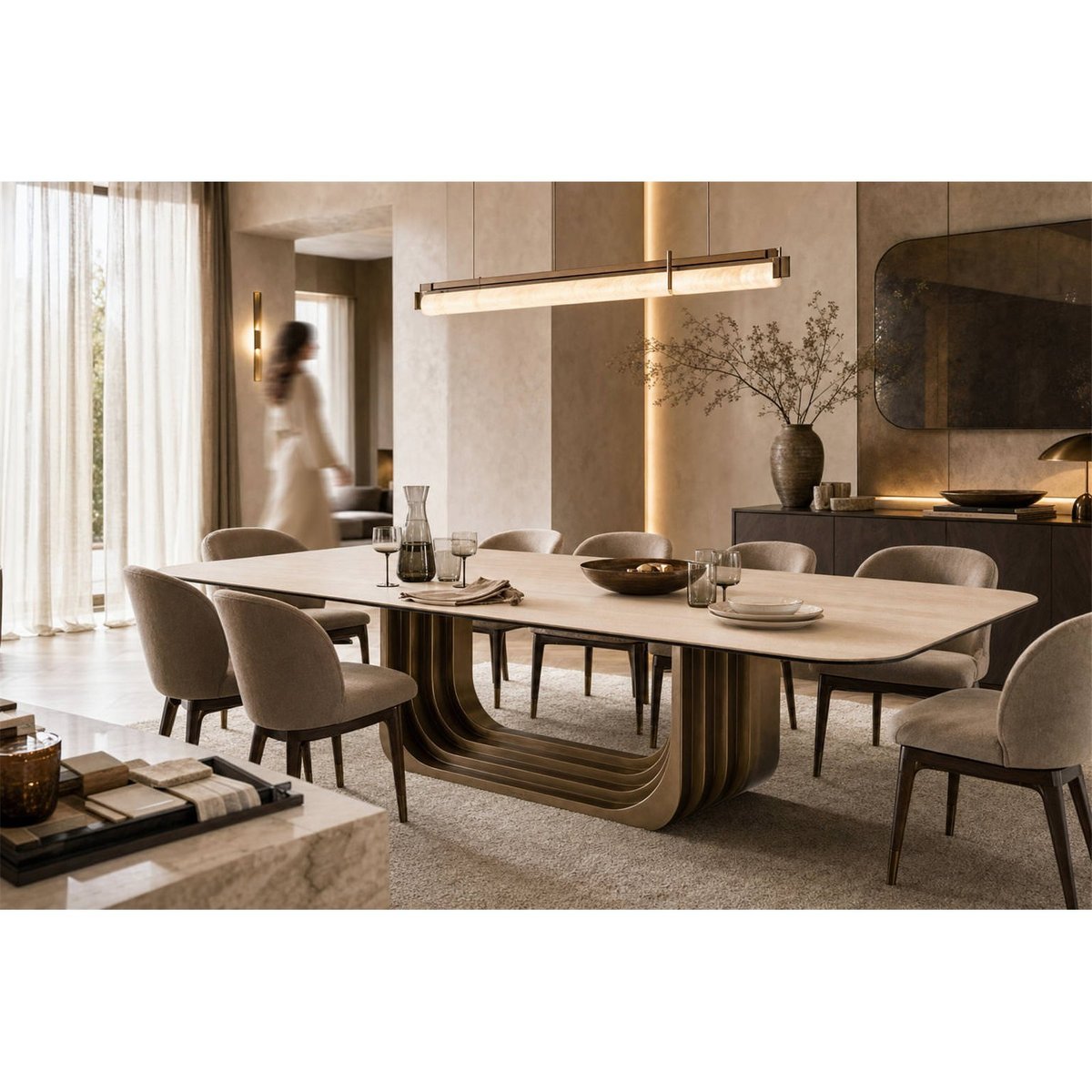 Table à manger en céramique pied sculptural beige et bronze, RECOLLECTION