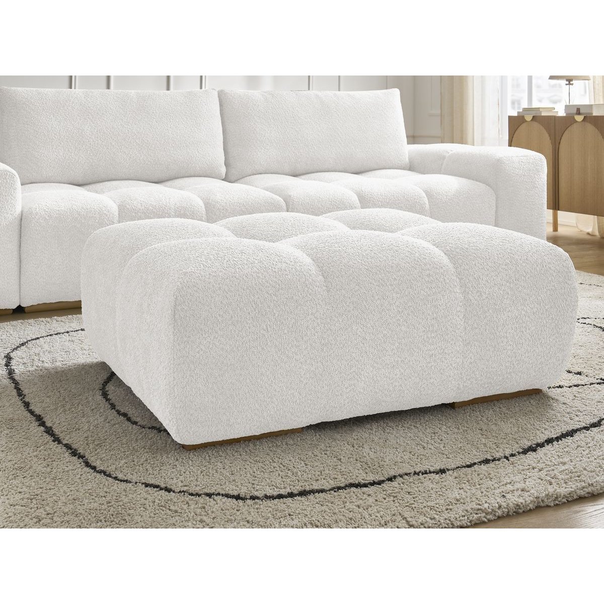 Canapé droit convertible 4 places en tissu bouclette avec pouf, ANAKIN blanc, BOBOCHIC
