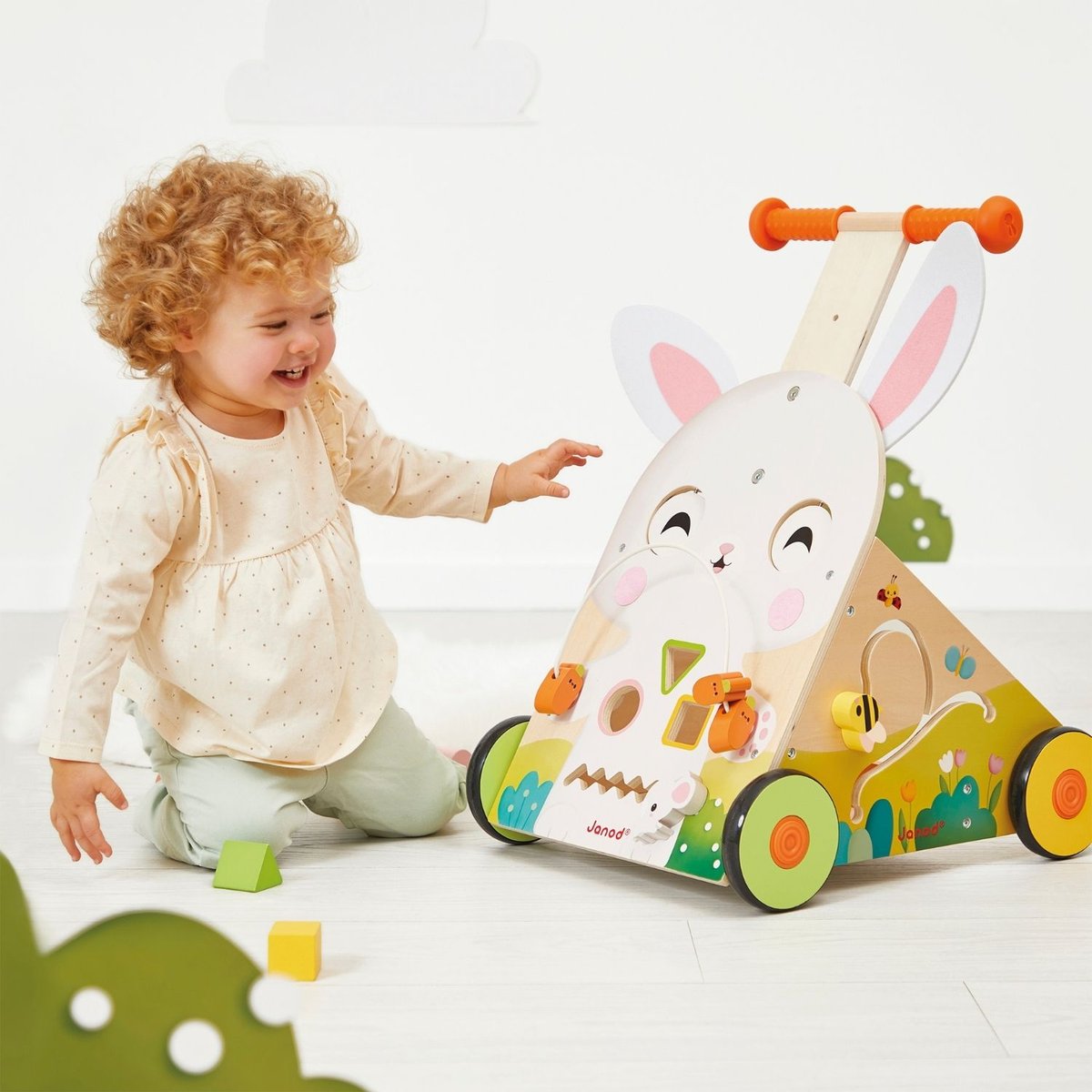 Chariot de marche multi-activités blanc, rose, vert, JANOD