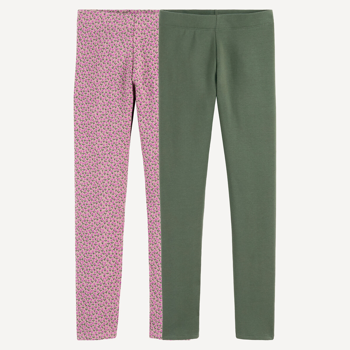 Pack of 2 Warm Leggings, Floral Print/Plain khaki+pink print, LA REDOUTE COLLECTIONS
