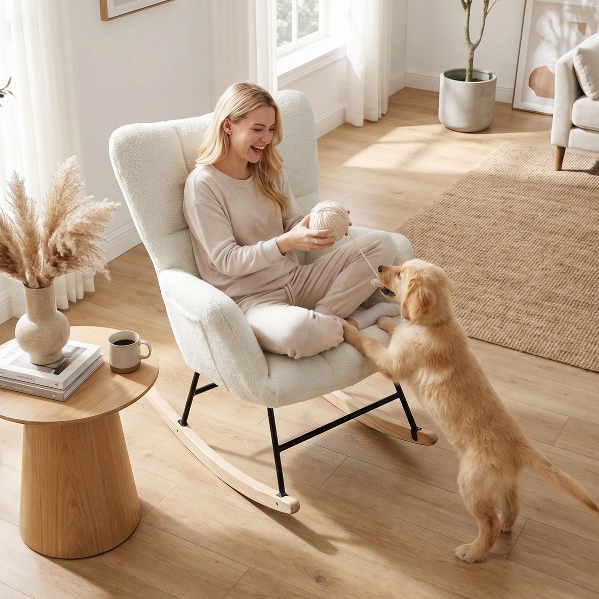 Fauteuil à bascule Peluche Teddy (100% crème, noir, HOMCOM