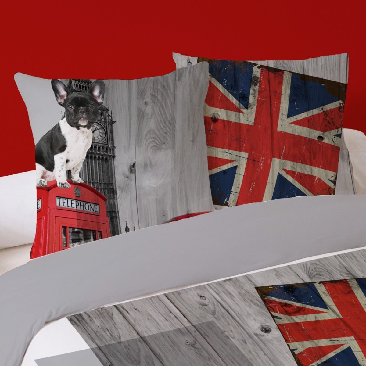 Housse de couette 240x220 DOG IN LONDON + 2 taies 100% coton blanc, DECORATIE