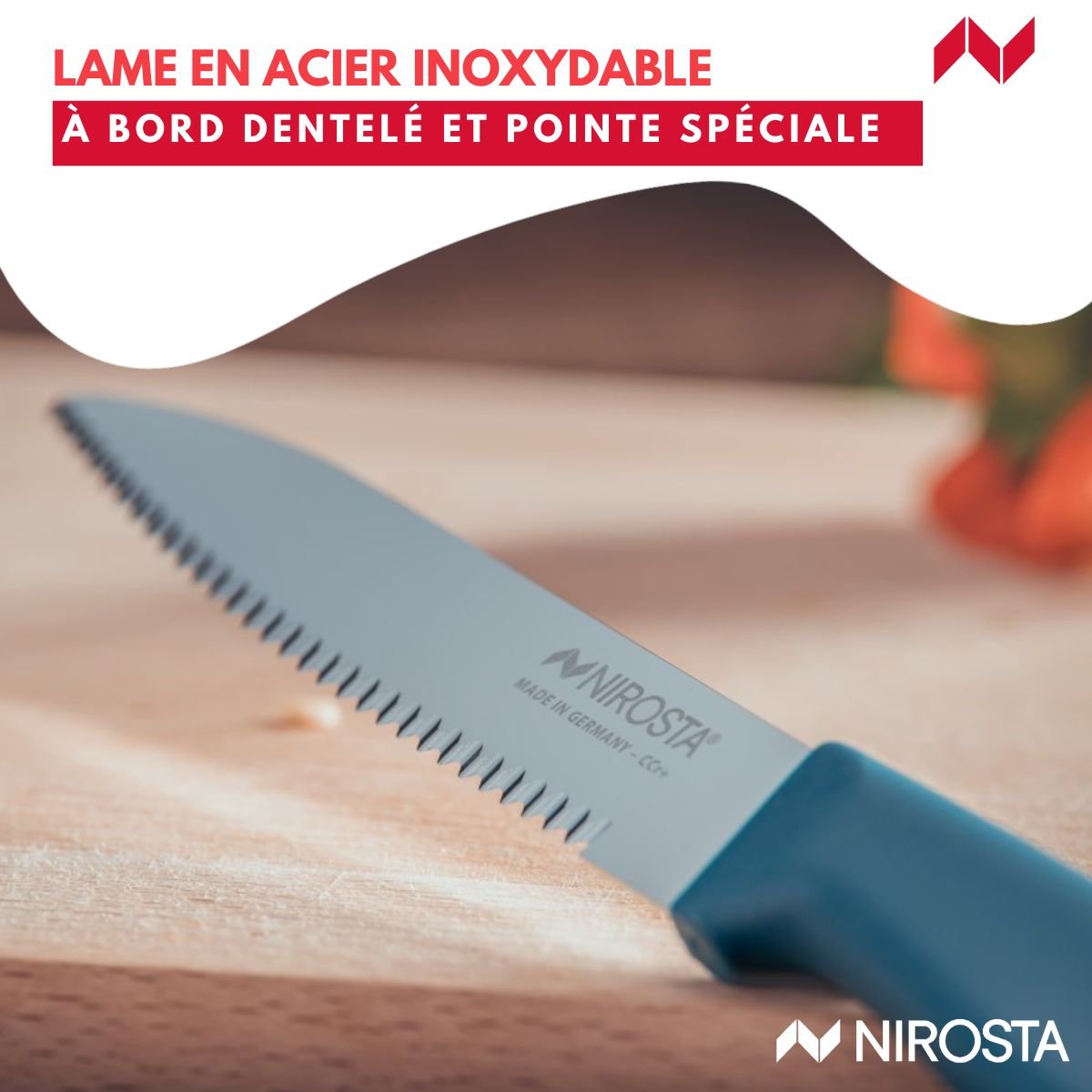 Couteau de cuisine lame crantée 21,5 cm ELEMENTAL bleu, NIROSTA