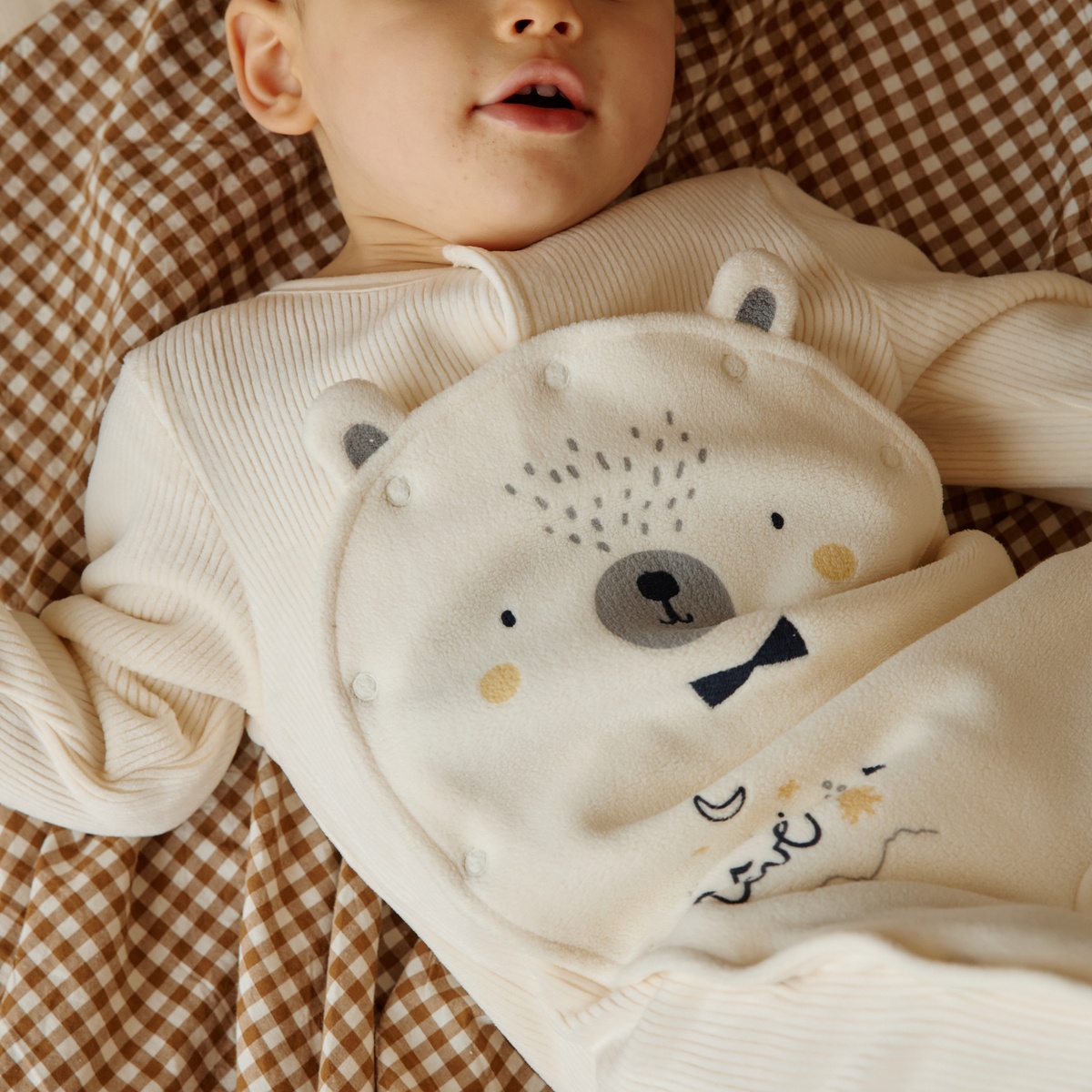 Pyjama bébé en velours ouverture pont Flocon ecru, PETIT BEGUIN