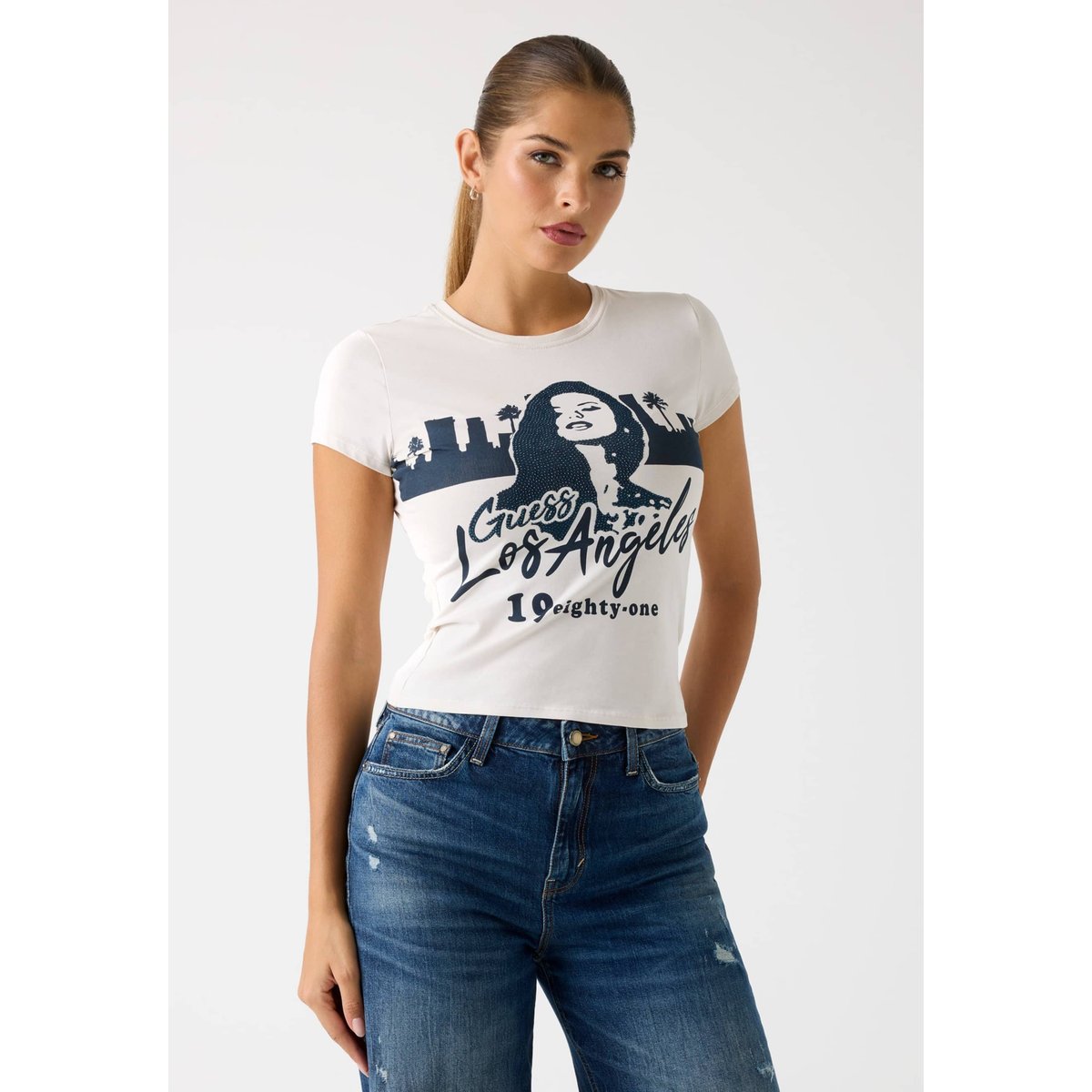 T-Shirt Imprimé crème, GUESS