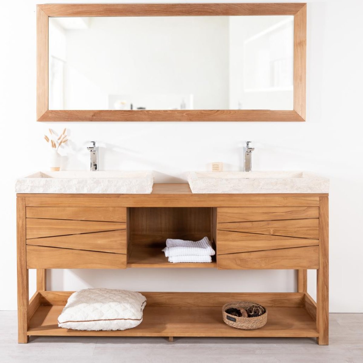 Meuble double en teck massif rectangle + 2 vasques 160cm COSY crème, WANDA COLLECTION
