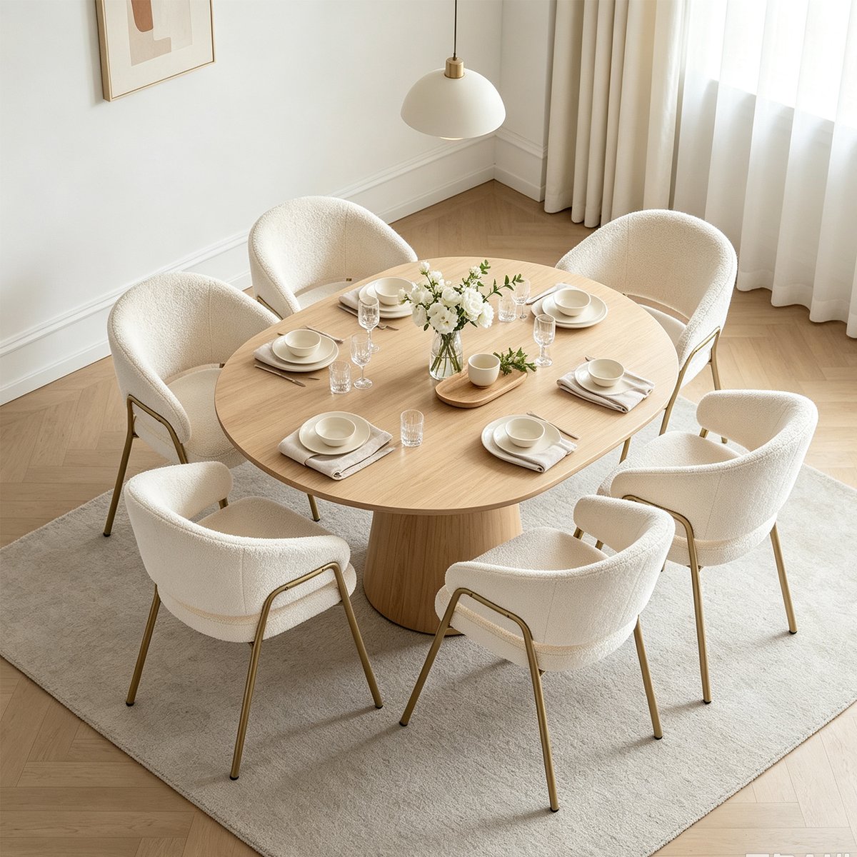 Lot de 6 fauteuils de salle à manger modernes en tissu bouclette, JERRIES blanc, MEUBLES COSY