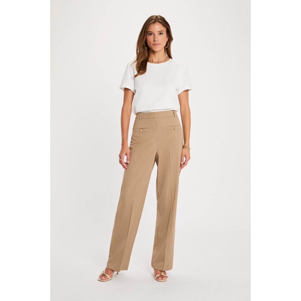 Pantalon droit taille haute taupe, MORGAN