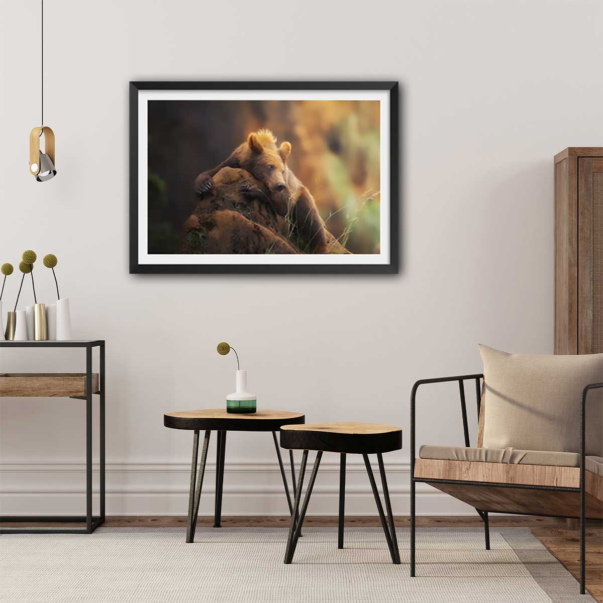 Affiche portrait d'ours affiche + cadre en bois - noir, HEXOA