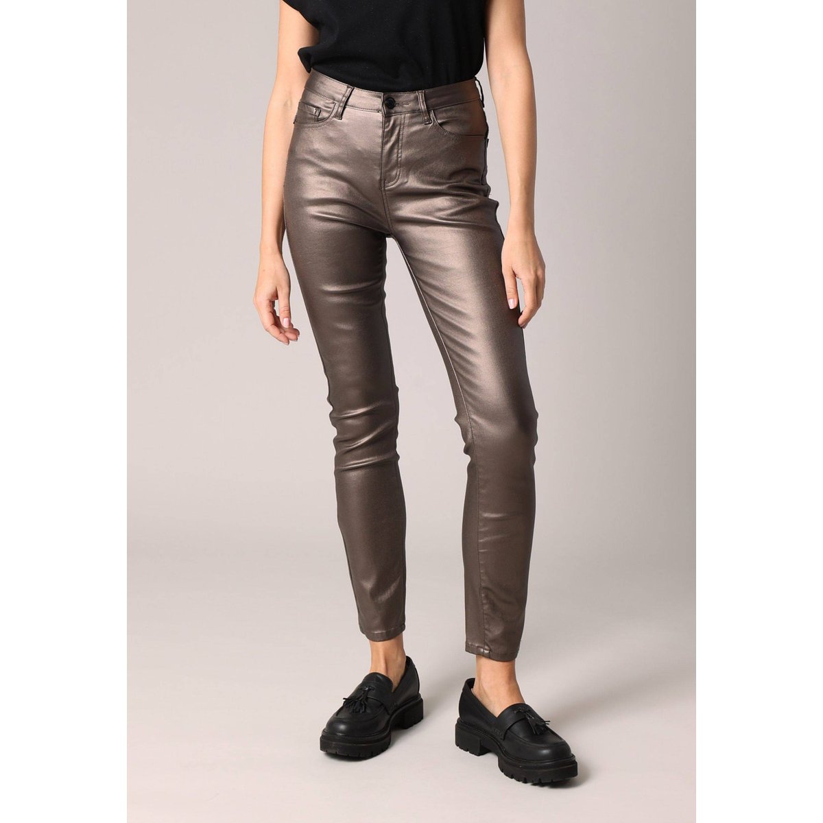Pantalon slim taille haute, effet métallisé LYSIE taupe, DEELUXE