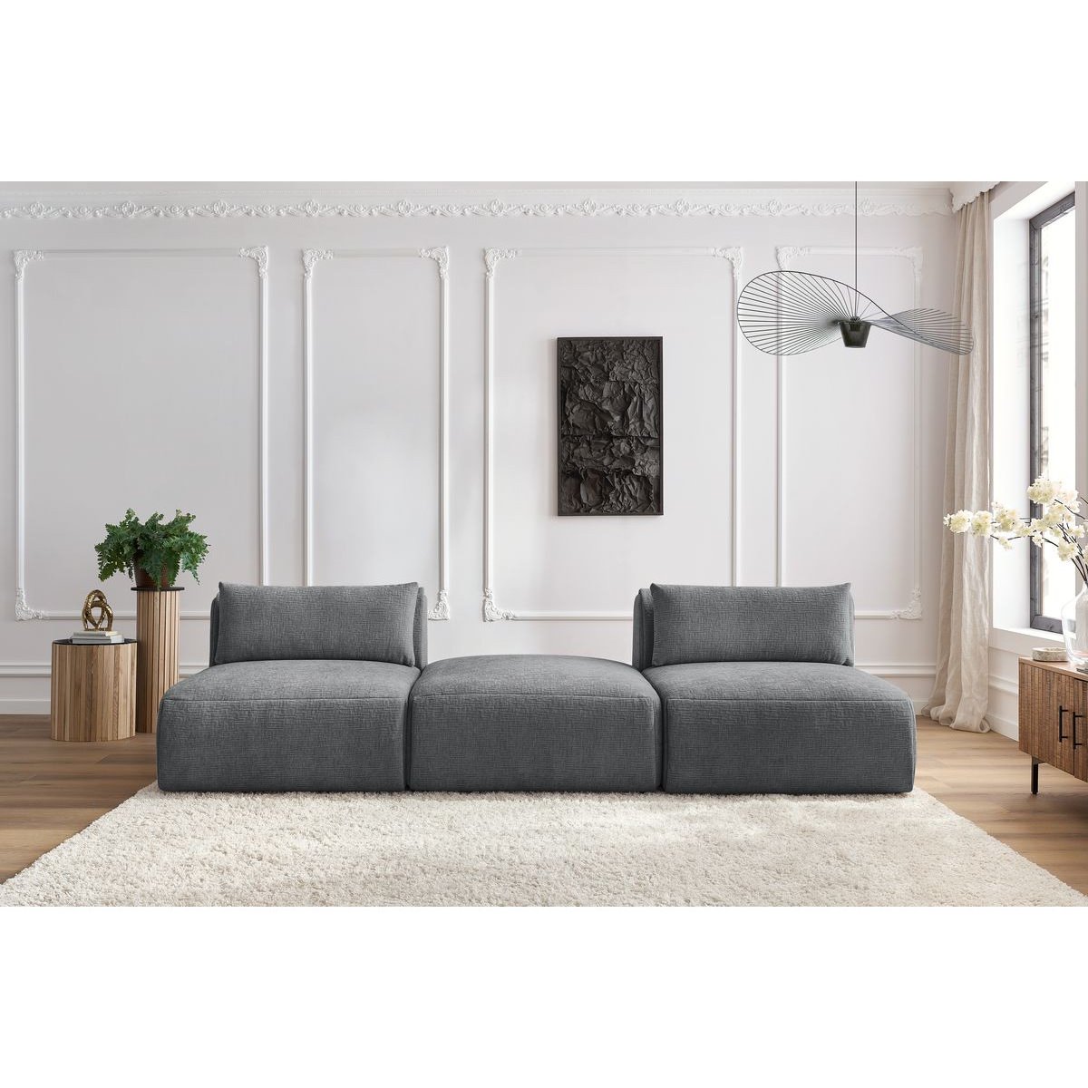 Canapé modulable 3 places en tissu texturé, JEANNE gris foncé, BOBOCHIC