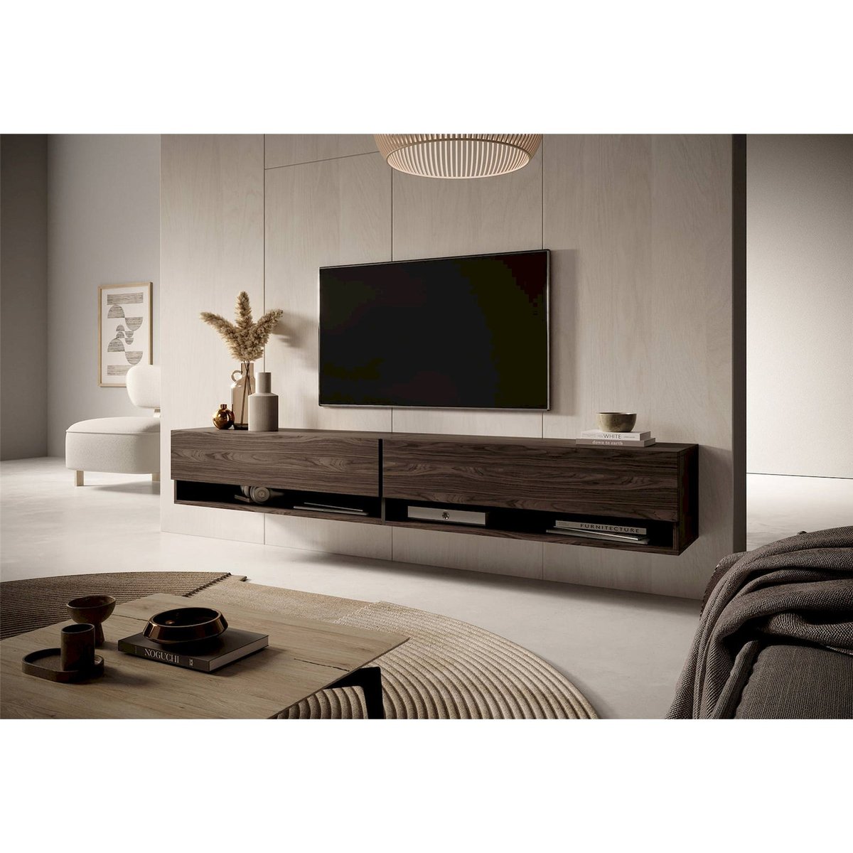 Meuble tv suspendu bois collection MIRRGO noyer, RECOLLECTION
