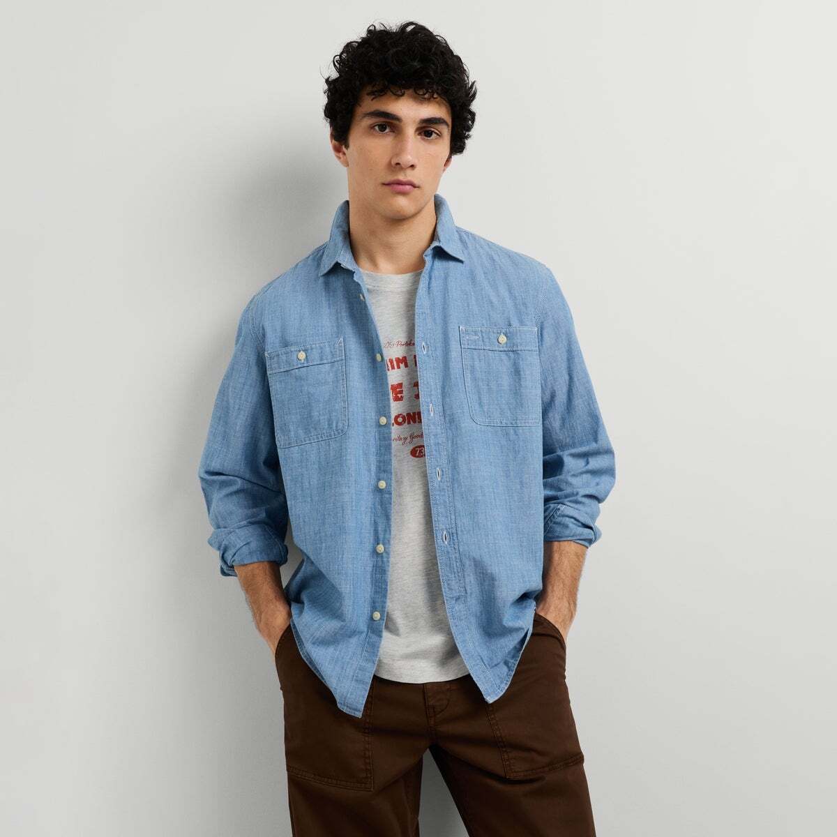 Chemise Chambray Coupe Regular bleu indigo moyen, PEPE JEANS