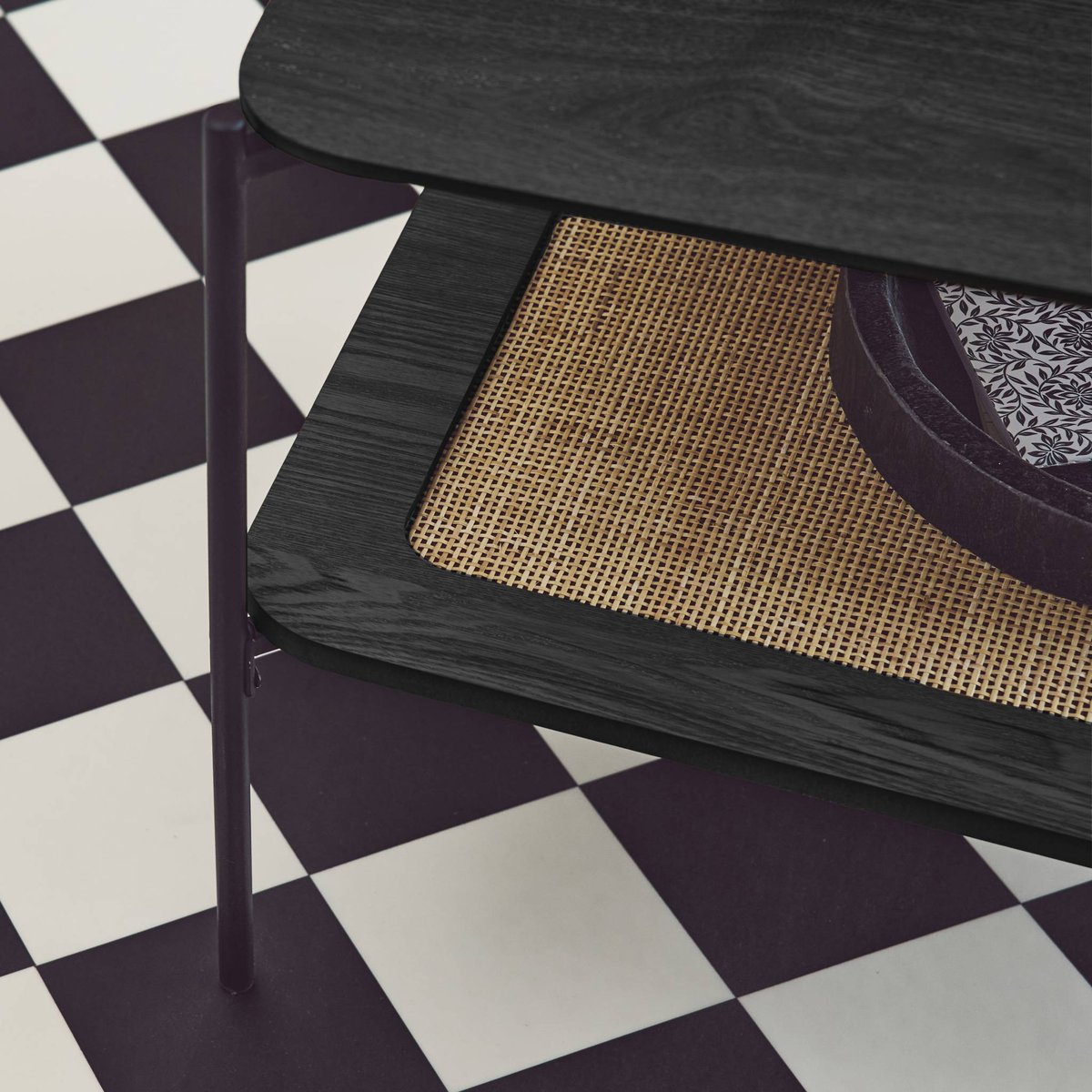 Table basse carrée décor bois et cannage double plateau MANADO noir, SWEEEK