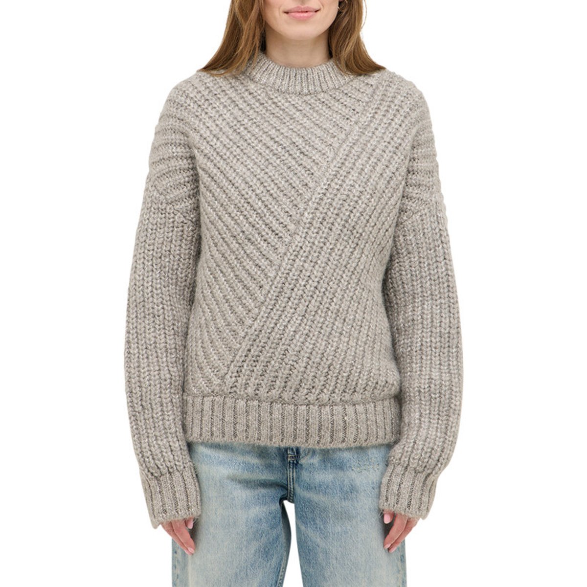 Pull beige uni avec un col rond côtelé et des manches longues beige, MUSTANG