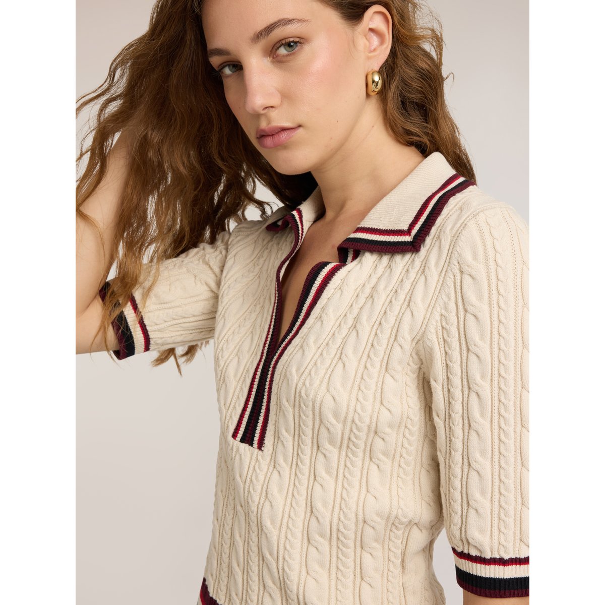 Pull tressé avec col polo blanc, MOTIVI