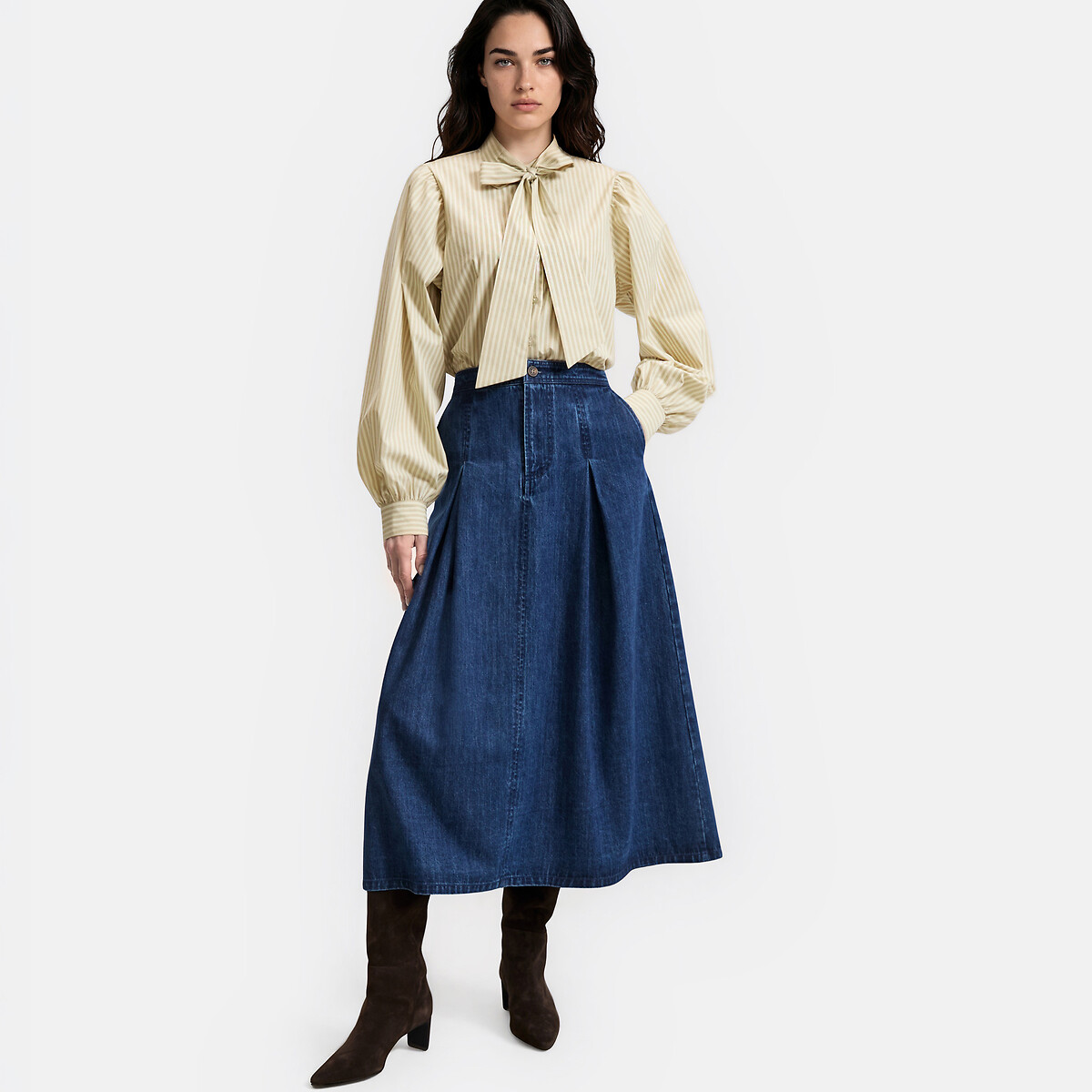 Gestreiftes Lavallière-Hemd mit Puffärmeln rayé beige/marron, LA REDOUTE COLLECTIONS